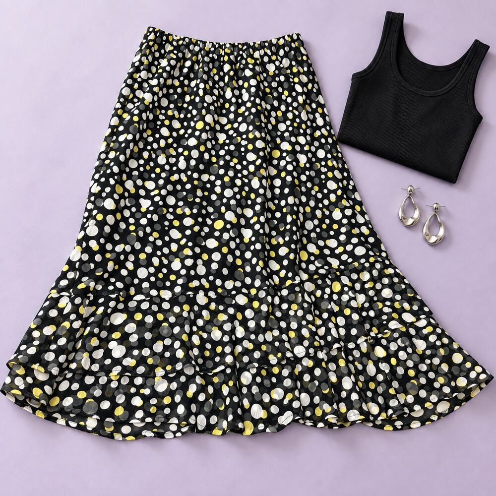 Cato Woman Black Yellow Polka Dot Tiered Ruffle Skirt NWT